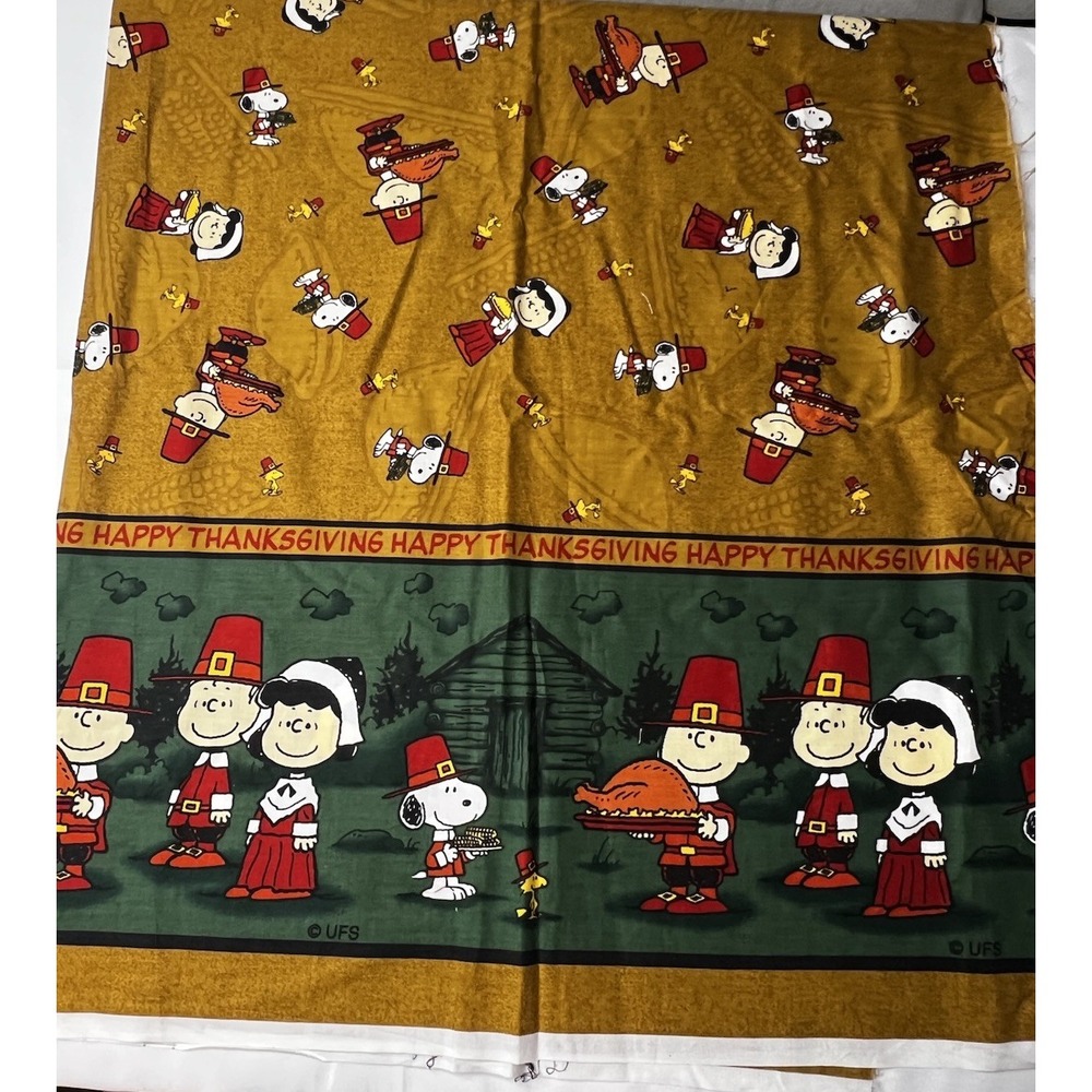 Concord Peanuts Snoopy Thanksgiving Cotton Fabric 39x58 2002 Vintage Border